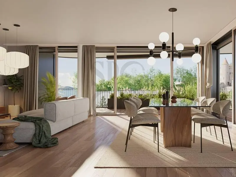 Woonkamer; uitzicht, natuurlijk licht, moderne stijl, houten vloer