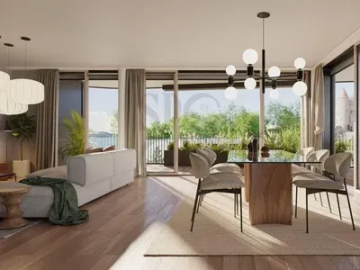 Woonkamer; uitzicht, natuurlijk licht, moderne stijl, houten vloer