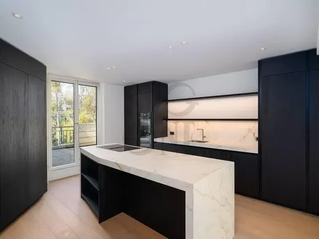 Keuken; keukenapparatuur, natuurlijk licht, moderne stijl, houten vloer