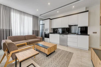 Дневна соба; кухињски апарати, природно светло, модерни стил, плочице