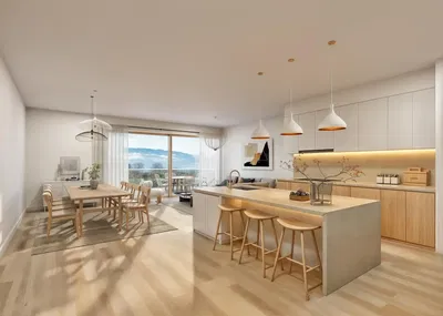 Küche; blick, holzboden, tageslicht, moderner stil