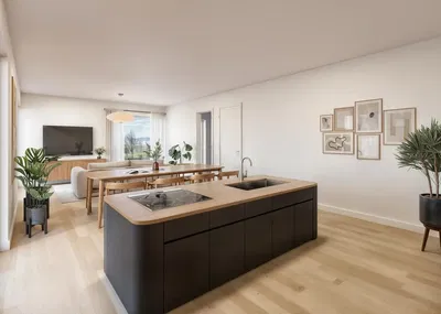 Küche; küchengeräte, holzboden, tageslicht, moderner stil