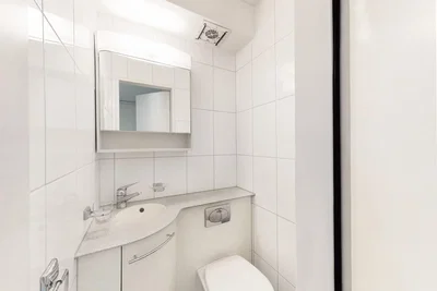 Toilettes; carrelage, rénové, lumière naturelle, style moderne