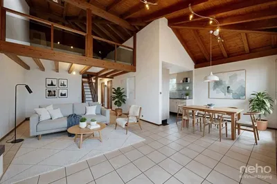 Wohnzimmer; holzbalken, fliesenboden, tageslicht, moderner stil