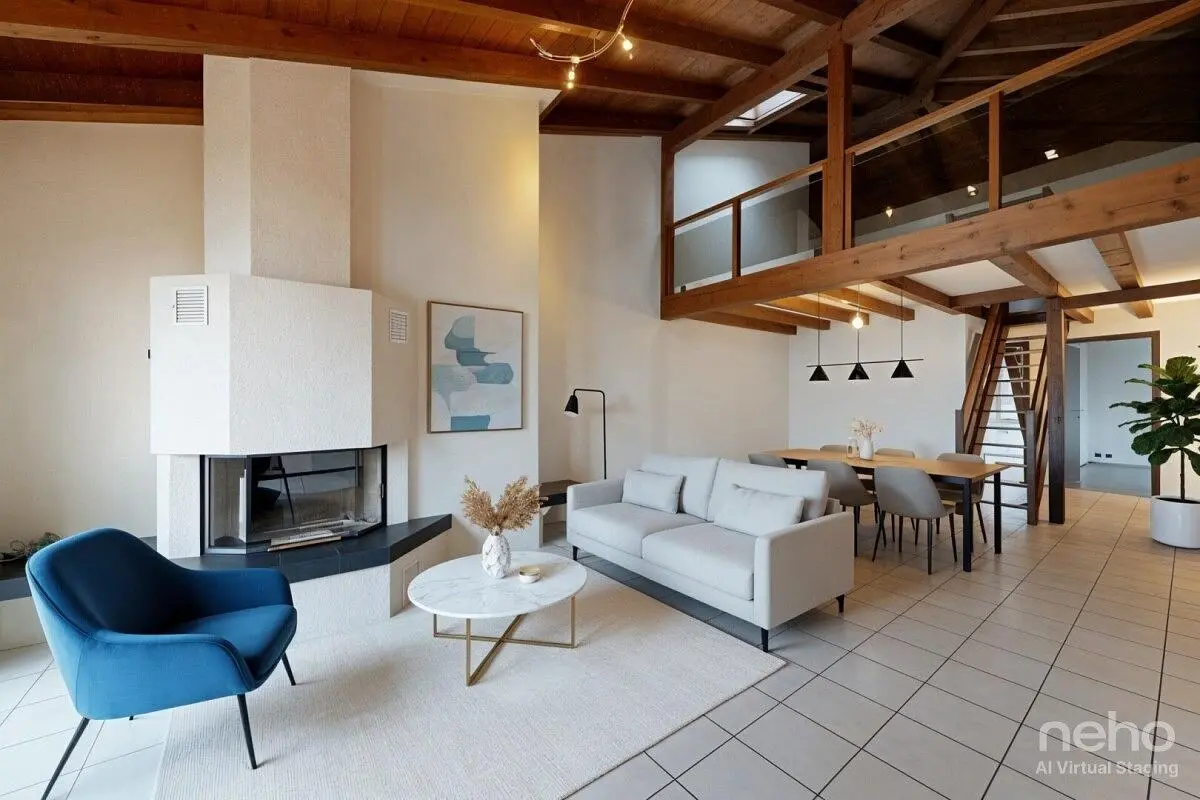 Wohnzimmer; kamin, holzbalken, fliesenboden, tageslicht, moderner stil