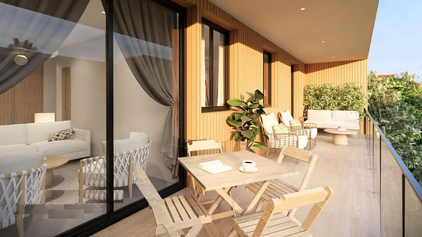 Terrazza; vista, pavimento in legno, luce naturale, stile moderno