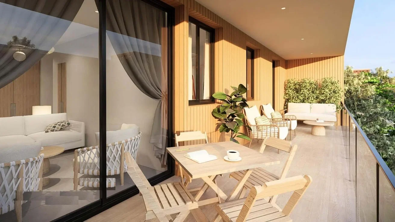 Terrazza; vista, pavimento in legno, luce naturale, stile moderno