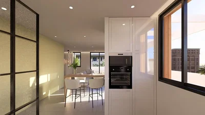 Cucina; elettrodomestici, luce naturale, stile moderno