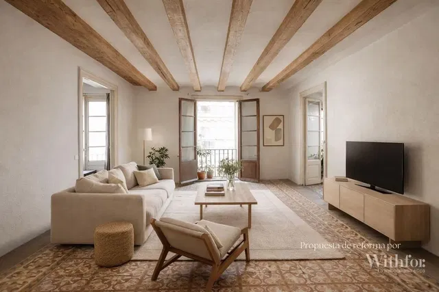 Obývací pokoj; dřevěné trámy, přirozené světlo, moderní styl