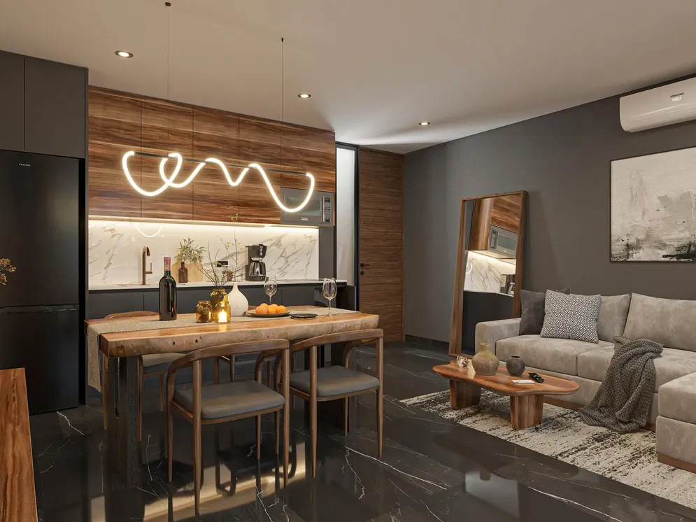 Дневна соба; кухињски апарати, природно светло, модерни стил