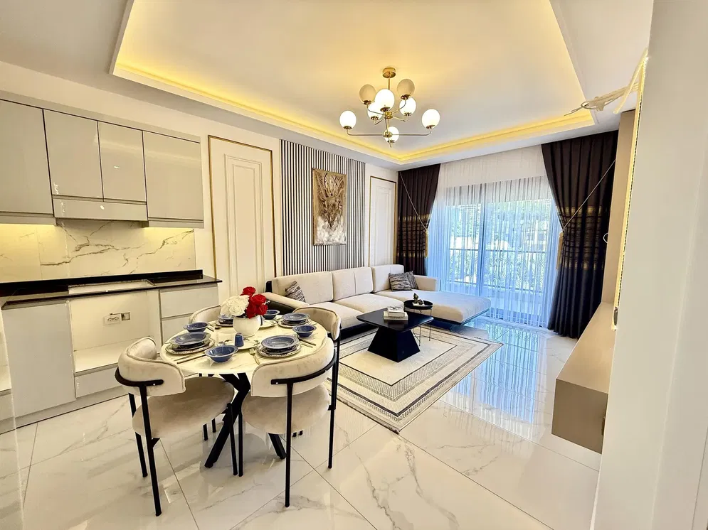 Living room; tile floor, natural light, modern style