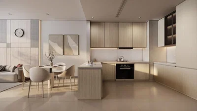 Cocina; suelo de baldosas, estilo moderno, electrodomésticos, luz natural