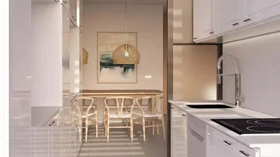 Kuchyně; kuchyňské spotřebiče, přirozené světlo, moderní styl, dlažba