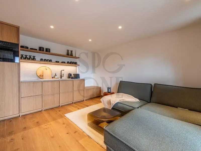 Дневна соба; кухињски апарати, дрвени под, природно светло, модерни стил