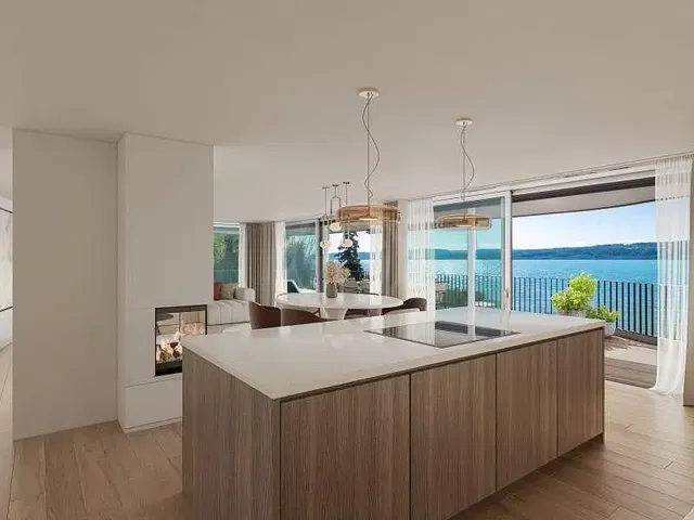 Keuken; uitzicht, houten vloer, natuurlijk licht, moderne stijl, open haard