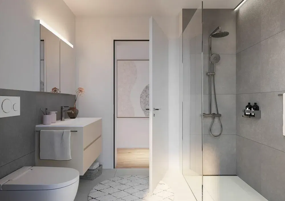 Badezimmer; fliesenboden, tageslicht, moderner stil