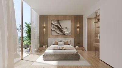 Yatak odası; manzara, doğal ışık, modern stil