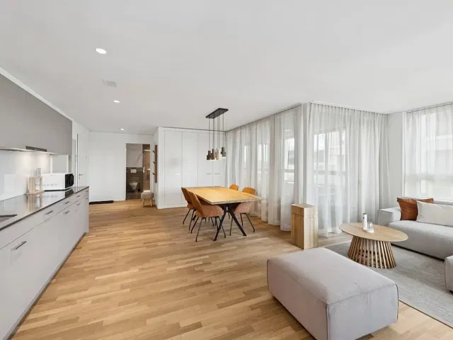 Sala de estar; chão de madeira, luz natural, estilo moderno