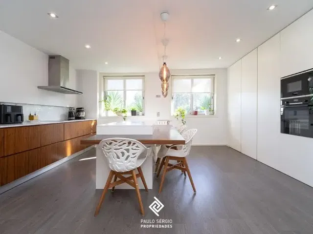 Cucina; elettrodomestici, luce naturale, stile moderno, pavimento in legno