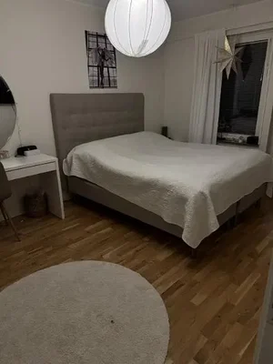 Ložnice; dřevěná podlaha, přirozené světlo