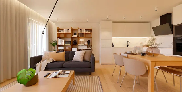 Sala de estar; vista, luz natural, estilo moderno, chão de madeira