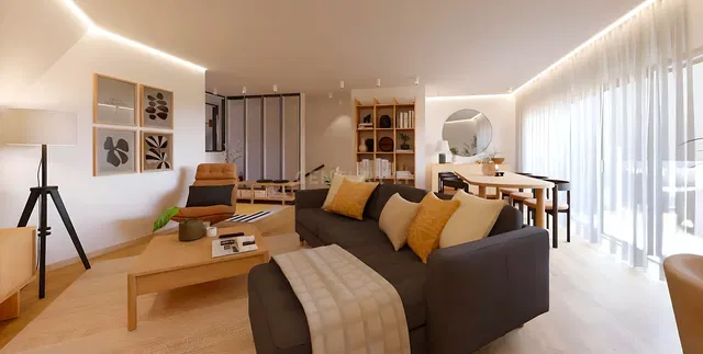 Wohnzimmer; tageslicht, moderner stil, holzboden