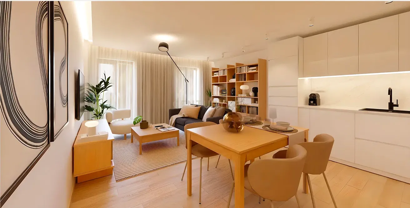 Дневна соба; природно светло, модерни стил, дрвени под, кухињски апарати