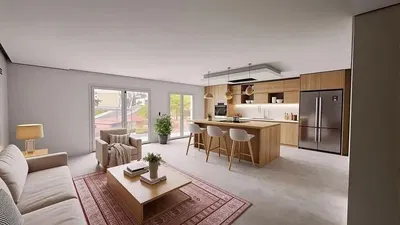 Σαλόνι; φυσικό φως, μοντέρνο στυλ, συσκευές κουζίνας