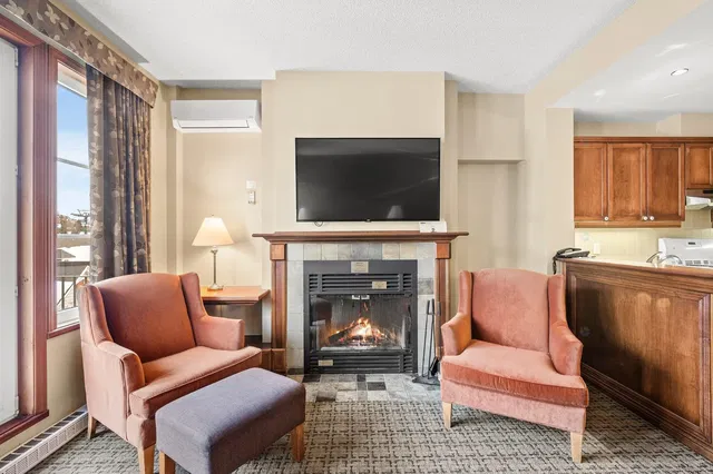 Living room; fireplace, view, natural light
