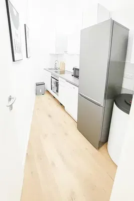 Kuchyňa; kuchynské spotrebiče, prirodzené svetlo, moderný štýl, drevená podlaha