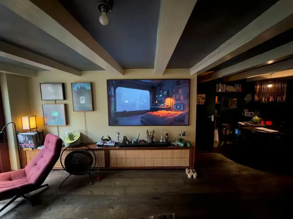 Living room; modern style, wood beams, natural light, dark interior