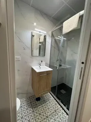 Badkamer; tegelvloer, gerenoveerd, natuurlijk licht