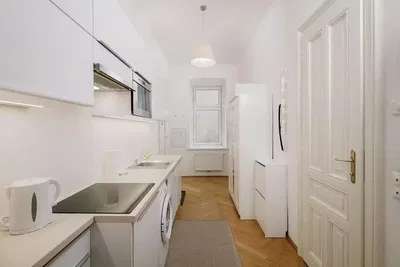 Kuhinja; kućanski aparati, drveni pod, prirodna svjetlost, moderan stil