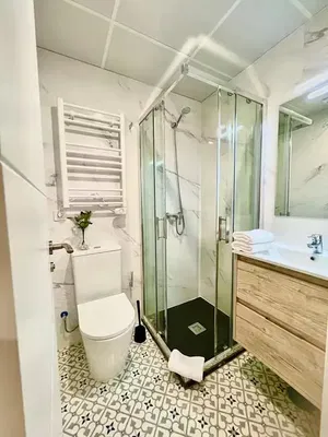 Badkamer; tegelvloer, natuurlijk licht, gerenoveerd