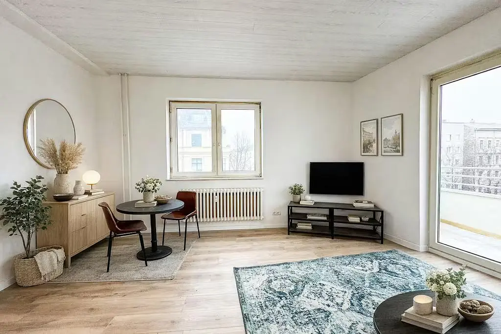 Living room; view, wood floor, natural light, modern style