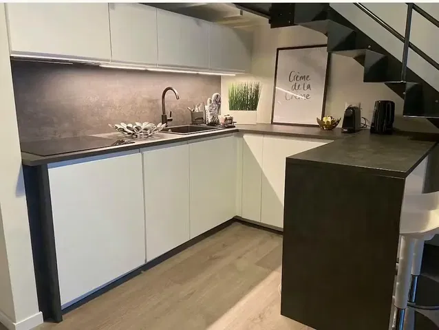 Kitchen; kitchen appliances, wood floor, modern style, renovated, natural light