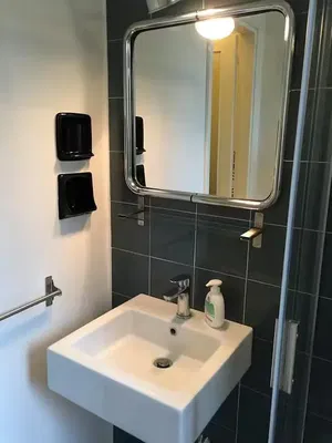 Salle de bain; carrelage, rénové, lumière naturelle