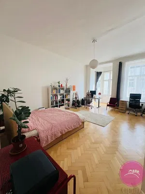 Ložnice; dřevěná podlaha, přirozené světlo, moderní styl