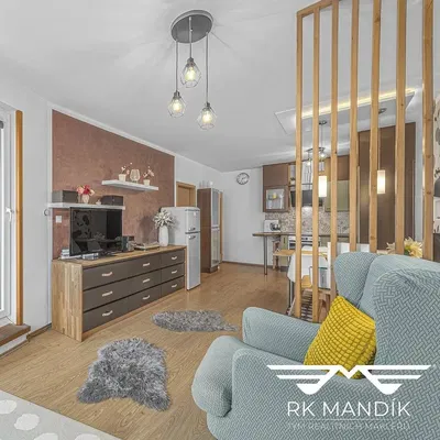 Living room; kitchen appliances, natural light, modern style