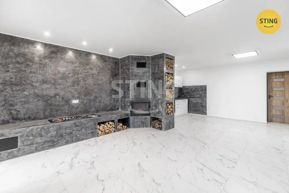 Salon; cheminée, carrelage, rénové, lumière naturelle