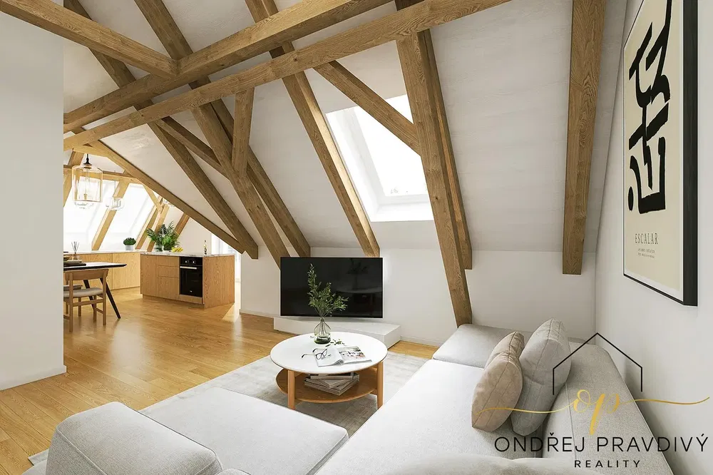 Sala de estar; vigas de madeira, luz natural, estilo moderno