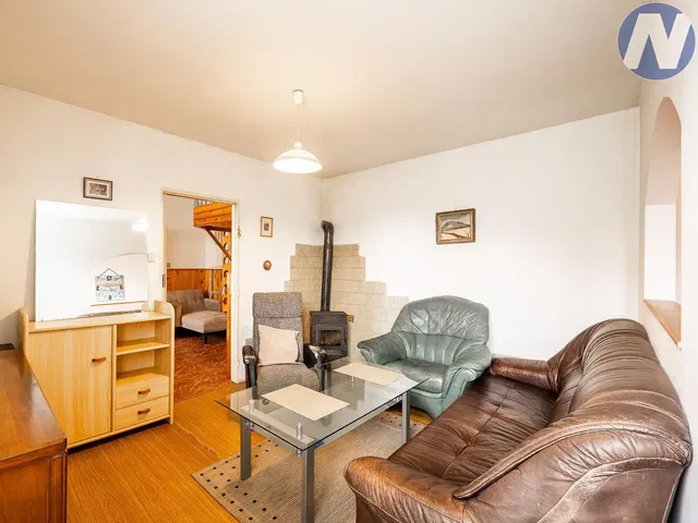 Living room; fireplace, rustic style