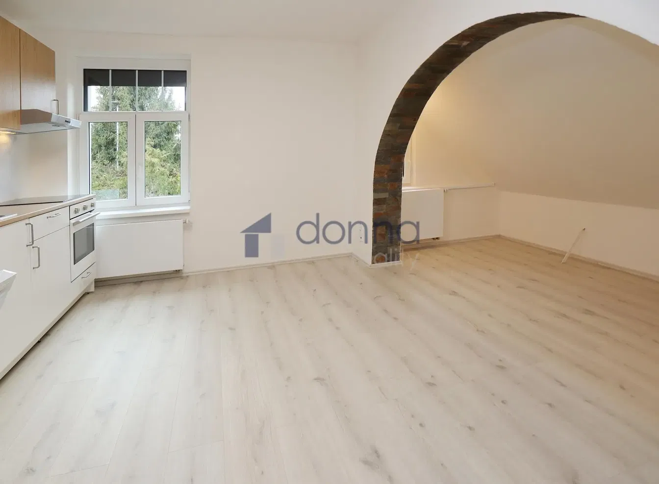 Кухня; гледка, кухненски уреди, дървен под, естествена светлина, модерен стил