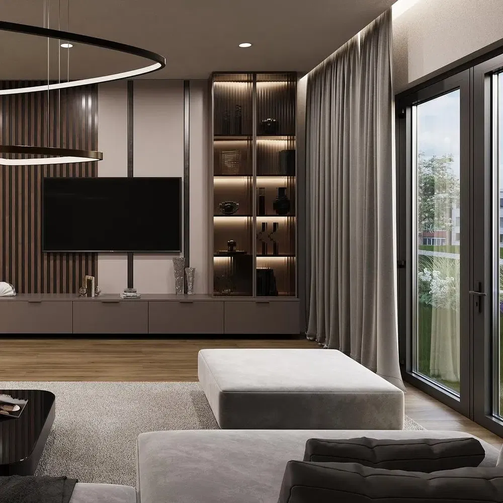 Woonkamer; uitzicht, moderne stijl, natuurlijk licht