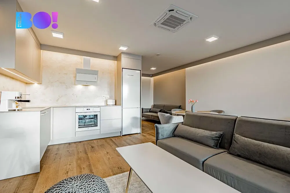 Living room; kitchen appliances, natural light, modern style