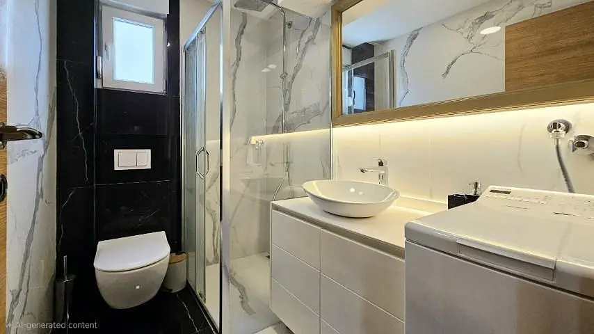 Badezimmer; fliesenboden, renoviert, tageslicht, moderner stil