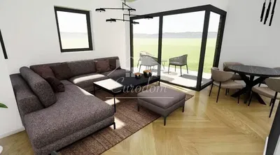 Dnevni boravak; pogled, drveni pod, prirodna svjetlost, moderan stil