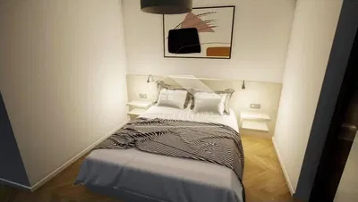 Spavaća soba; drveni pod, prirodna svjetlost, moderan stil