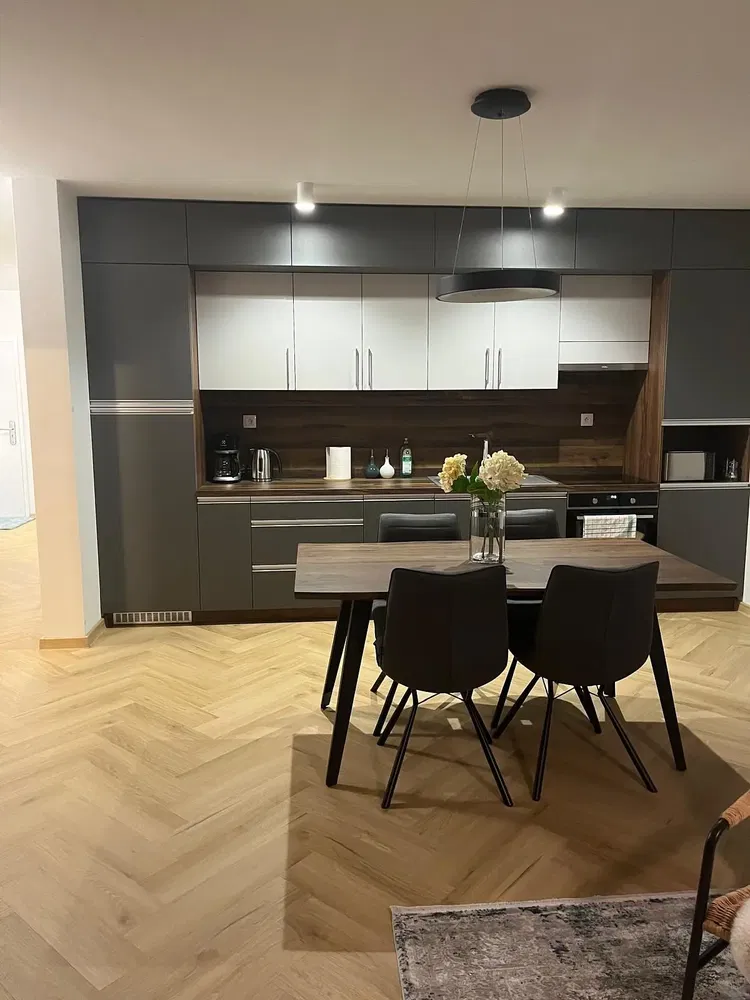 Kuhinja; kuhinjski aparati, drveni pod, prirodno svjetlo, moderni stil