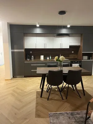 Kuhinja; kuhinjski aparati, drveni pod, prirodno svjetlo, moderni stil